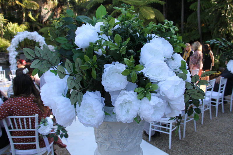 Urn Scroll & Pedestal Hire + White & Green Floral Arrangements