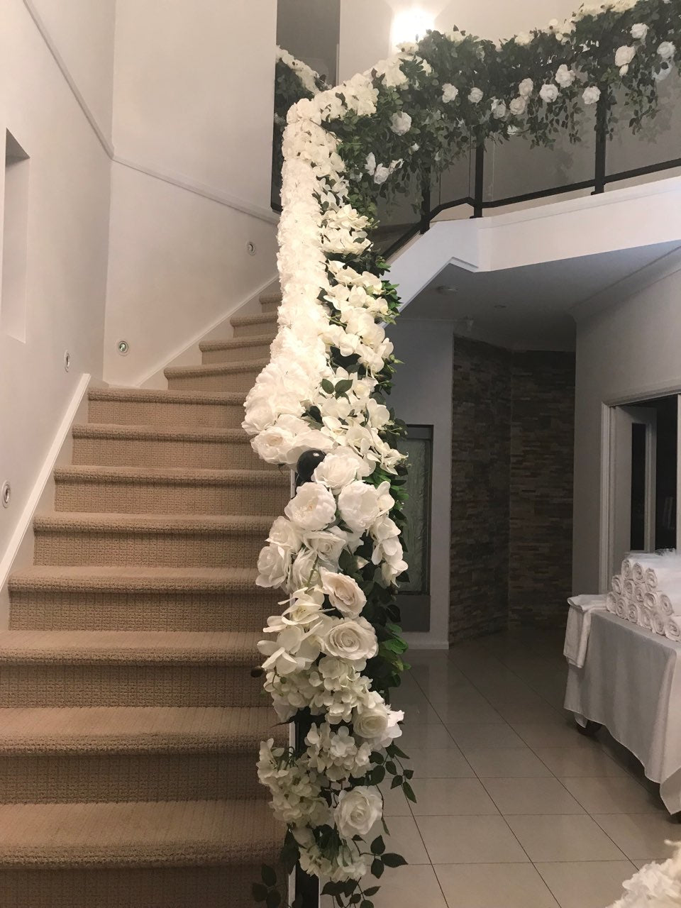LUX White Large Roses, Peonies, Orchids and Leafy Greens Floral Runner - Crystal Doll Bridal
