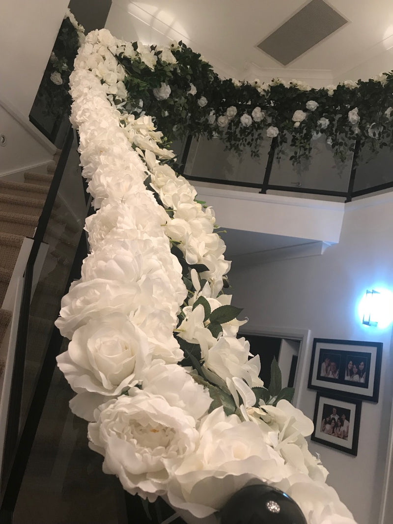LUX White Large Roses, Peonies, Orchids and Leafy Greens Floral Runner - Crystal Doll Bridal