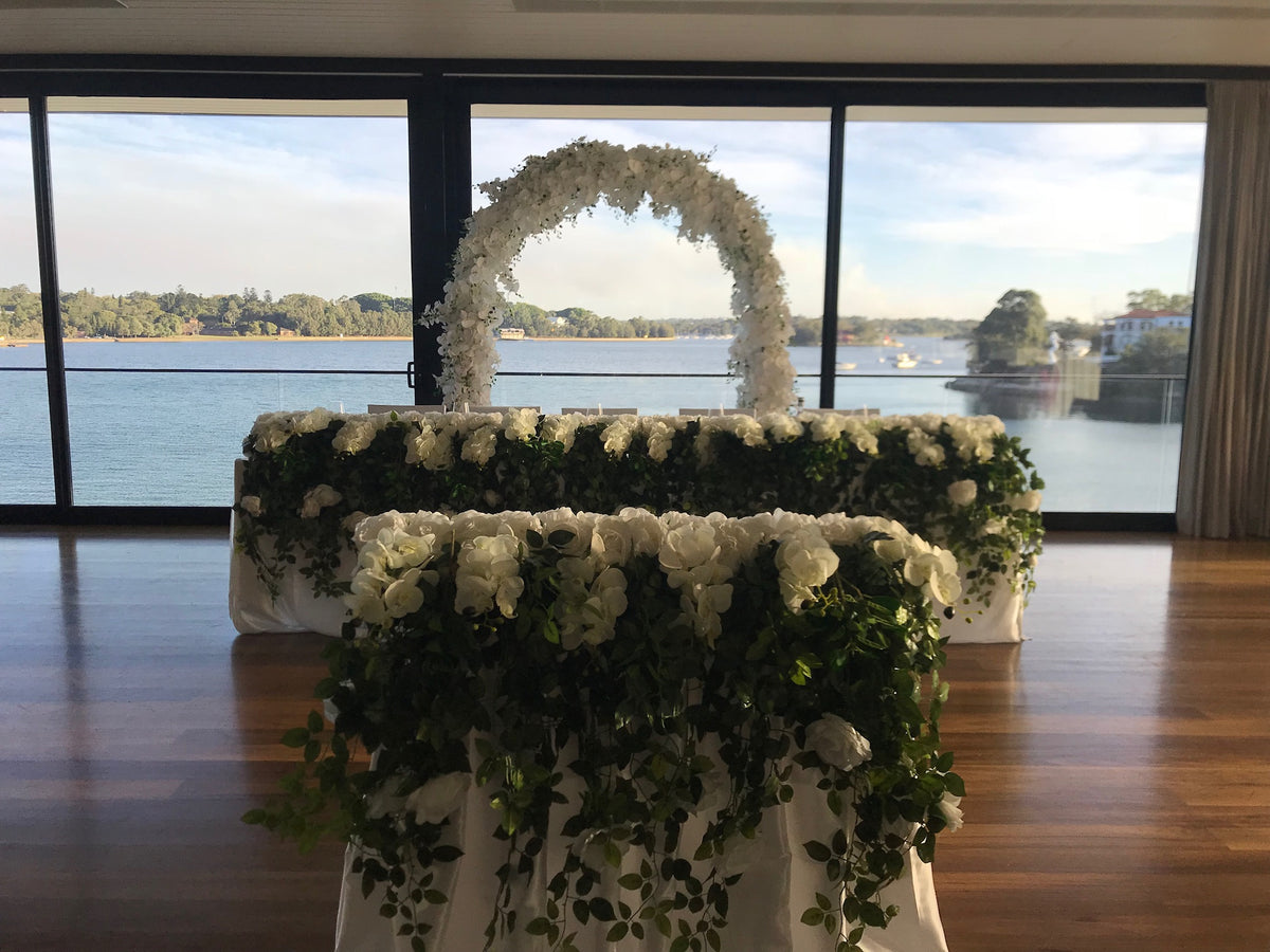 LUX White Large Roses, Peonies, Orchids and Leafy Greens Floral Runner - Crystal Doll Bridal