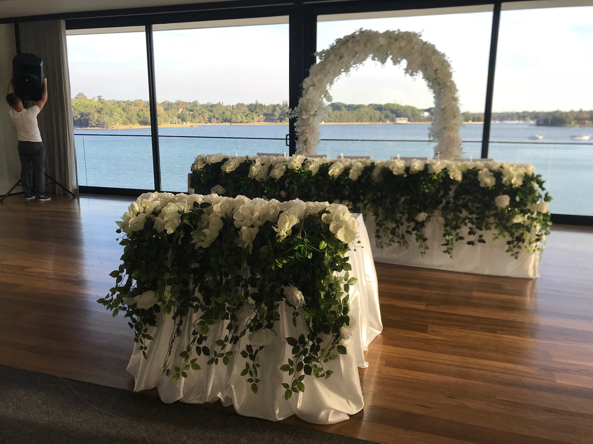 LUX White Large Roses, Peonies, Orchids and Leafy Greens Floral Runner - Crystal Doll Bridal