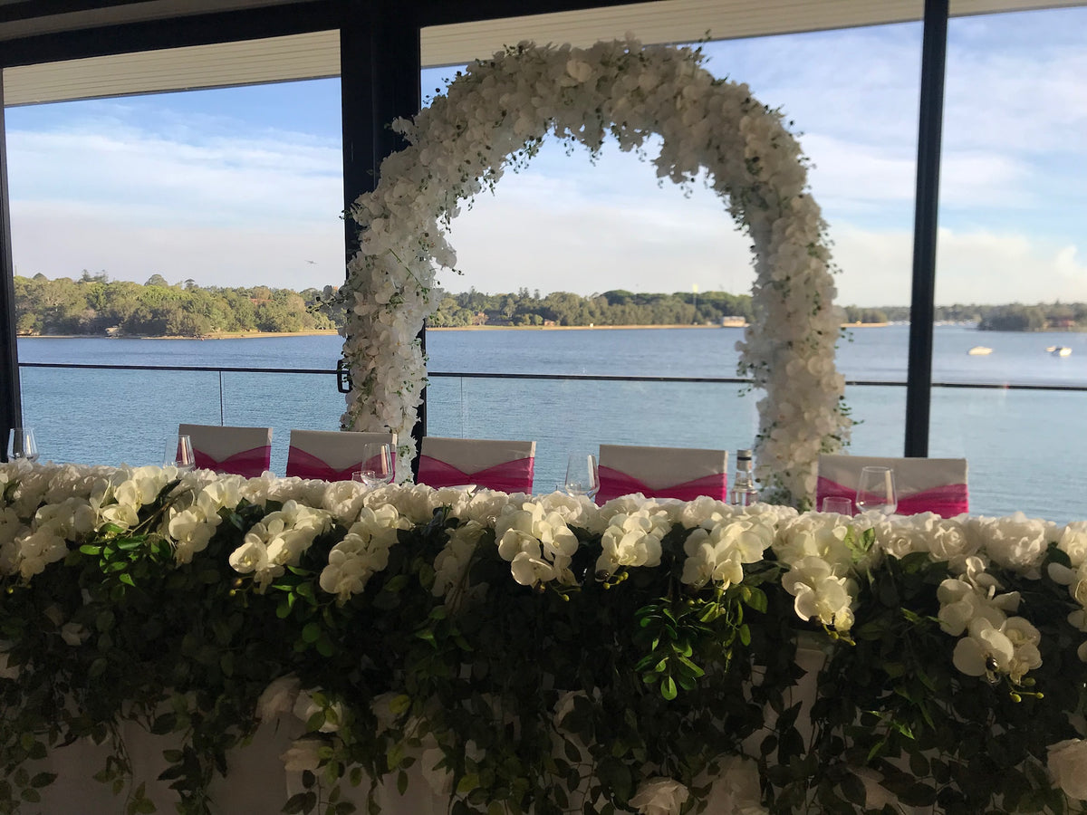 LUX White Large Roses, Peonies, Orchids and Leafy Greens Floral Runner - Crystal Doll Bridal