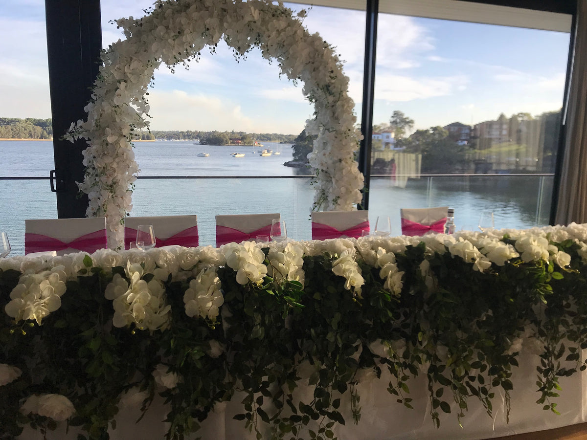 LUX White Large Roses, Peonies, Orchids and Leafy Greens Floral Runner - Crystal Doll Bridal