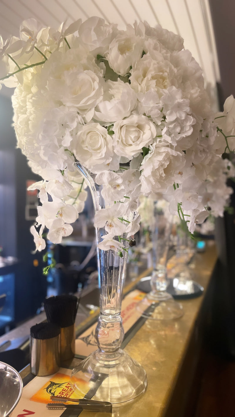 Tall Glass Trumpet Centrepiece With Over Sized White Floral Arrangement
