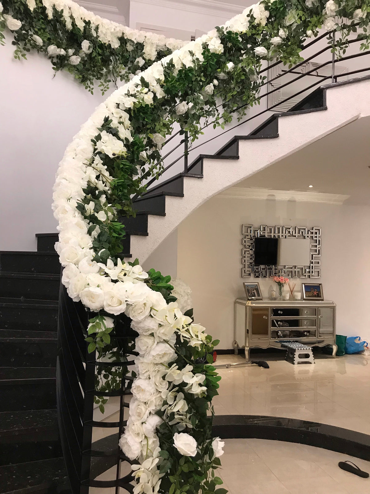 LUX White Large Roses, Peonies, Orchids and Leafy Greens Floral Runner - Crystal Doll Bridal