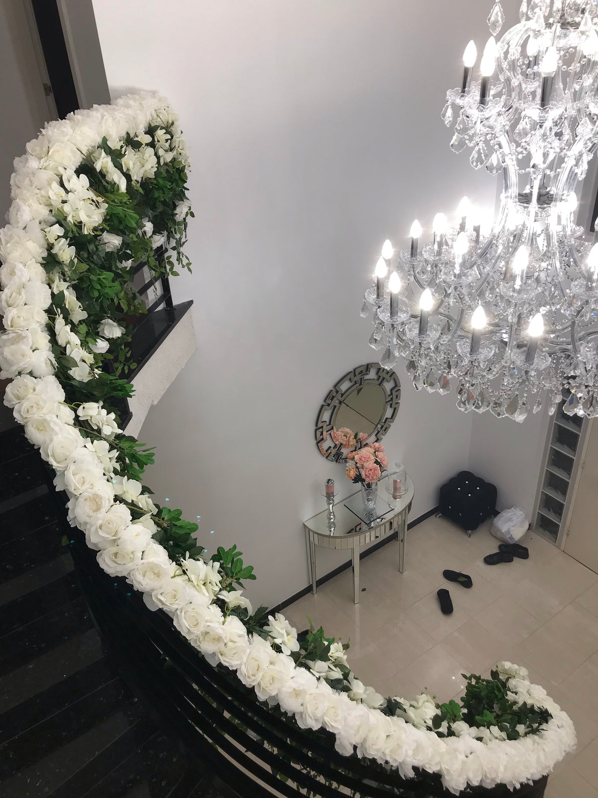 LUX White Large Roses, Peonies, Orchids and Leafy Greens Floral Runner - Crystal Doll Bridal